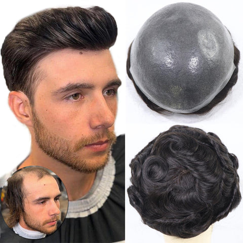 HAPPY&CC Thin Skin Toupee Hair for Men Real Human Hair, V-looped 8x10 Inch Base Cap Hair Pieces Replacement System for Men #1B Off Black Color