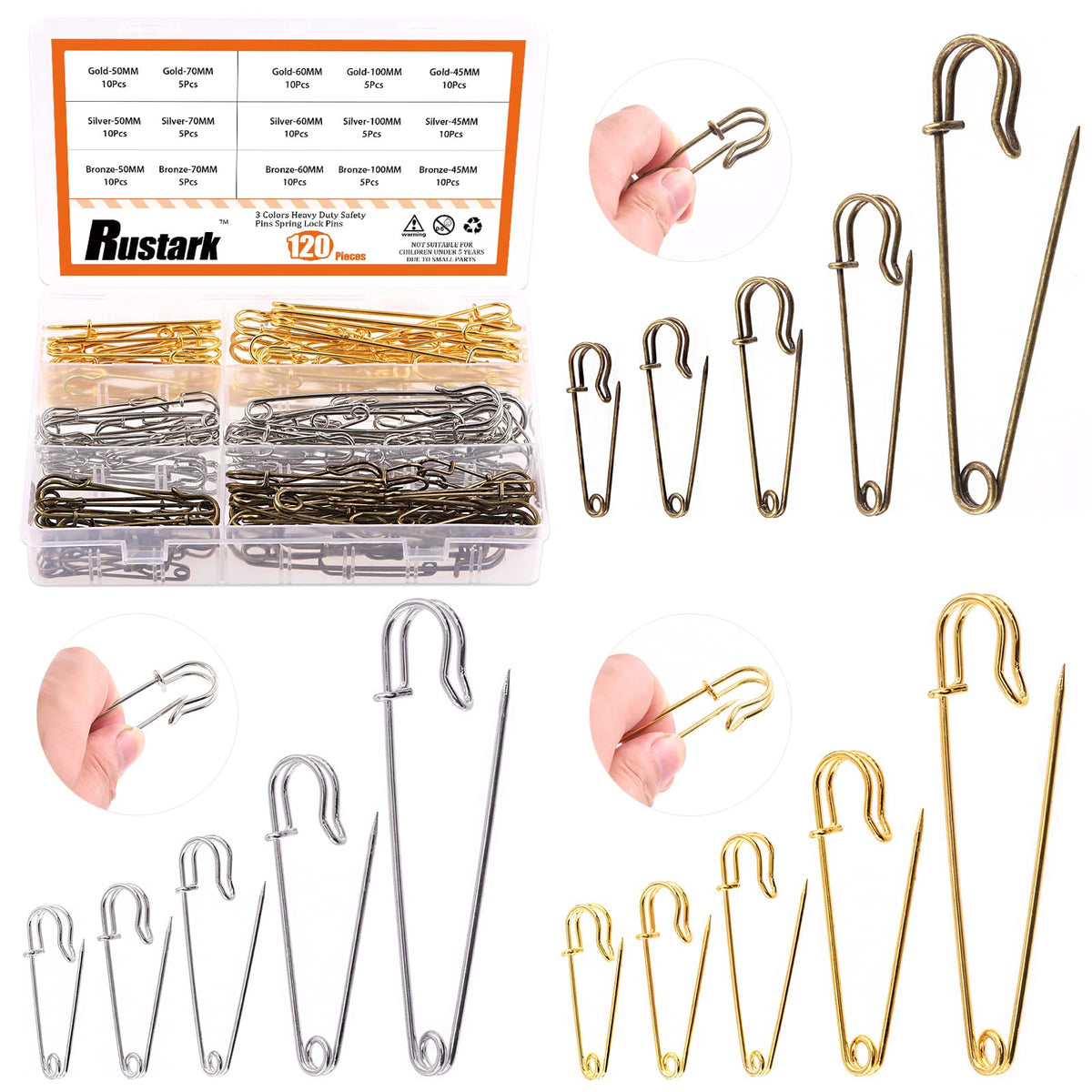 Rustark 120Pcs 5 Sizes Premium Heavy Duty Large Safety Pins for Blankets, Sweater, Scarf, Kilts, Clothes and DIY Crafts Making (Silver Gold Bronze)