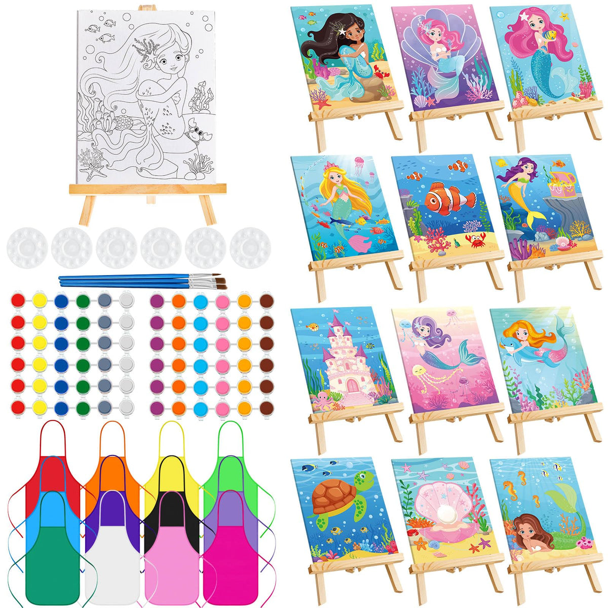 12 Sets Pre Draw Canvas to Paint Party Kits Include 12 Mermaid Pre Drawn Canvas 12 Palettes 12 Apron 12 Easels 12 Set Brushes 24 Pcs Acrylic Paints Sip and Painting Kit for Art Birthday Party Gift