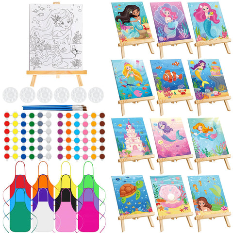 12 Sets Pre Draw Canvas to Paint Party Kits Include 12 Mermaid Pre Drawn Canvas 12 Palettes 12 Apron 12 Easels 12 Set Brushes 24 Pcs Acrylic Paints Sip and Painting Kit for Art Birthday Party Gift
