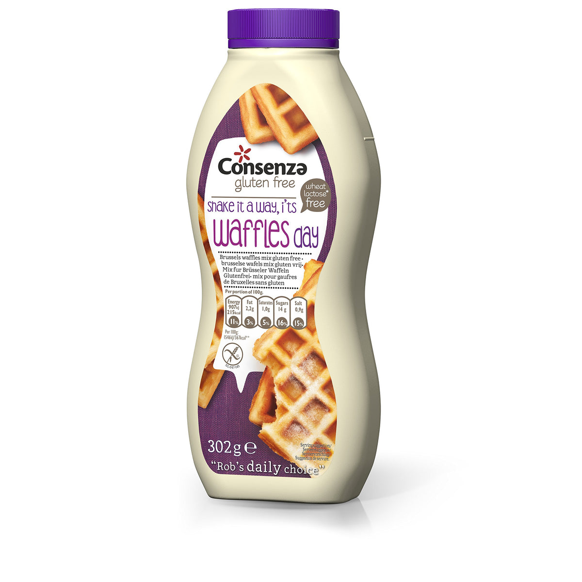 Consenza - Waffle Mix, Healthy Gluten-Free Pancakes, Lactose Free, Shake and Bake, Great for Family Breakfasts, Convenient Shaker Bottle 302g Bottle