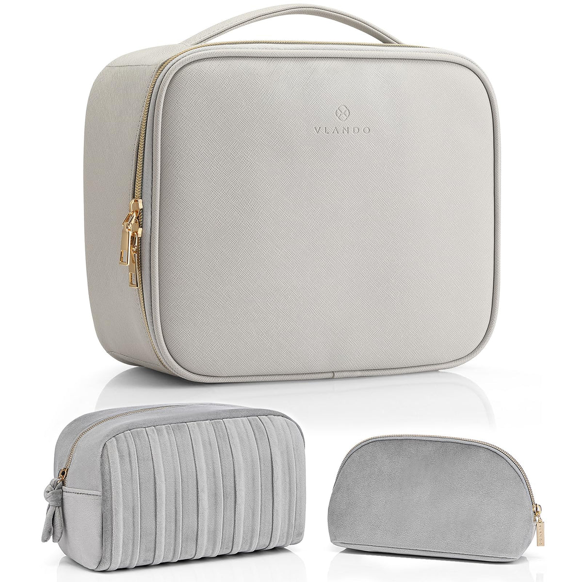 Vlando 2 Sets Grey Makeup Bag for Travel Accessories,Brush Make up Storage Organizer Case