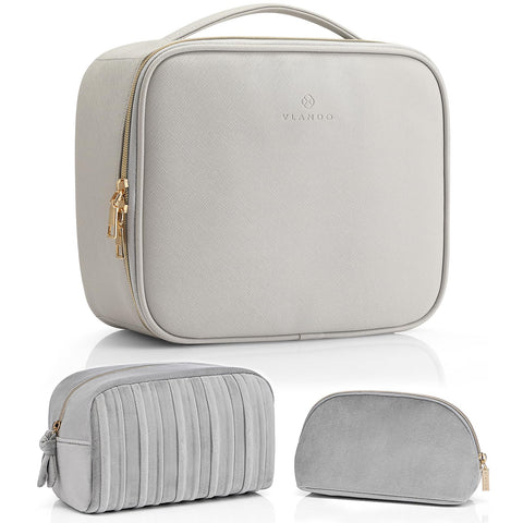Vlando 2 Sets Grey Makeup Bag for Travel Accessories,Brush Make up Storage Organizer Case