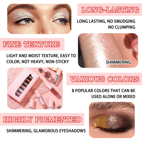 XiaoTu 8PCS Glitter Liquid Eyeshadow Set,Highlighting Shimmer Sparkle Eyeshadow Makeup Set,Waterproof Long Lasting Shining Eye Shadow Sticks Eye Glitter Makeup Kits for Women