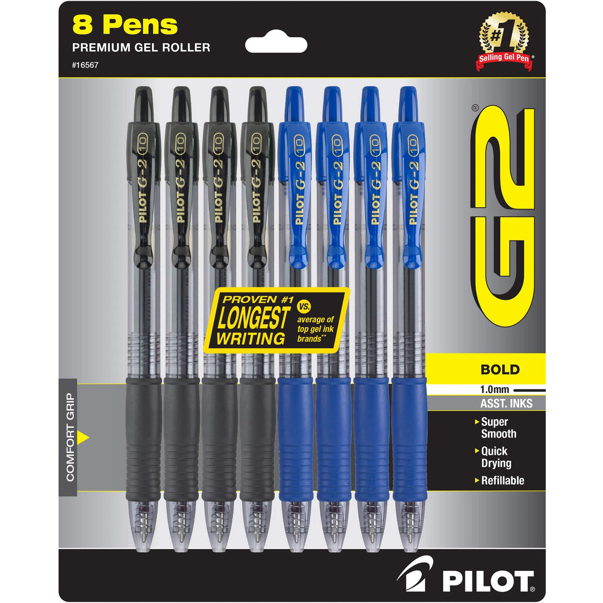 Pilot, G2 Premium Gel Roller Pens, Bold Point 1 mm, Pack of 8, Black and Blue
