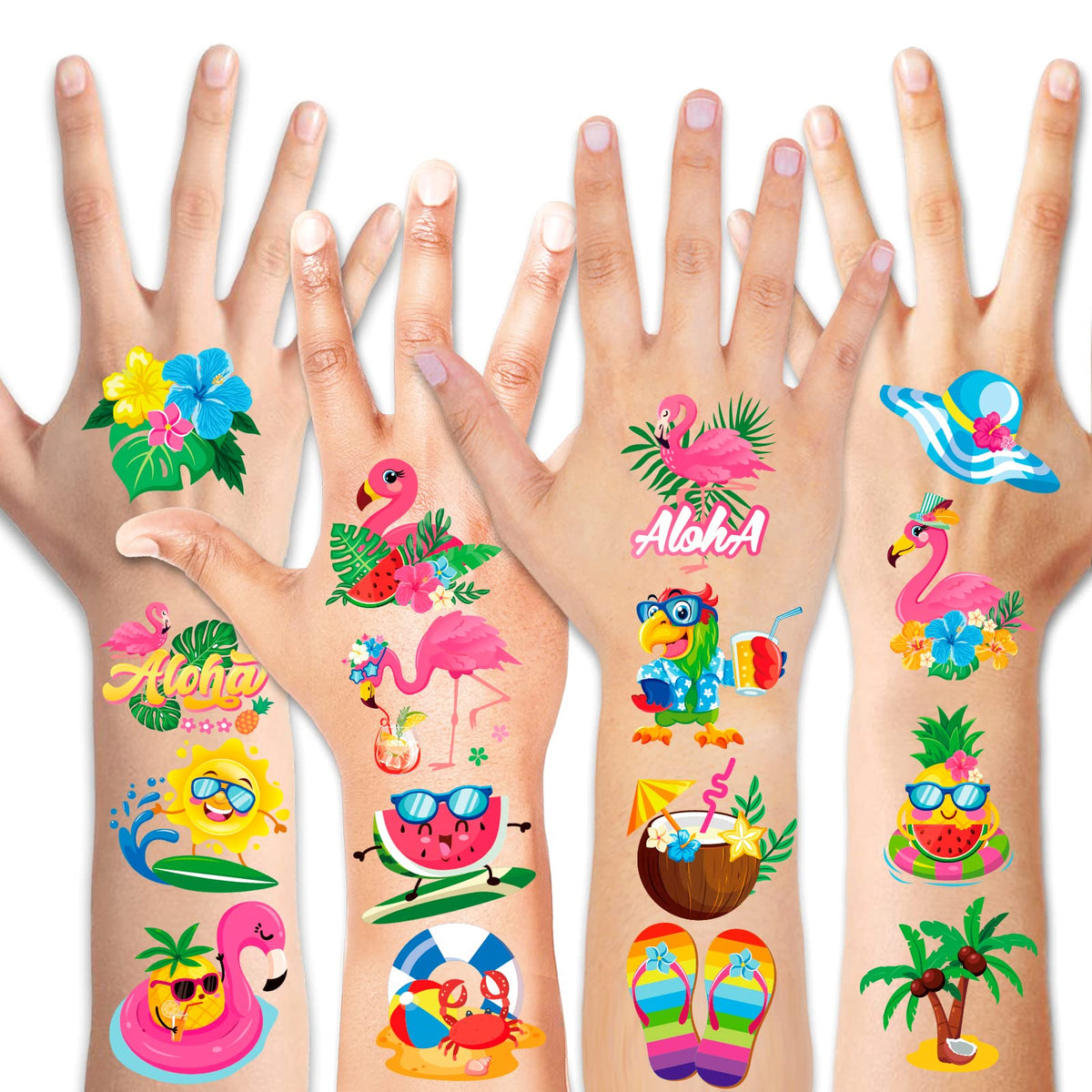 HOWAF 96pcs Summer Flamingo Temporary Tattoos for Kids,Flamingo Party Supplies Tattoos for Girls Hawaii Party Decorations,Hawaiian Tropical Summer Fake Tattoo Stickers for Flamingo Goodie Bags Fillers