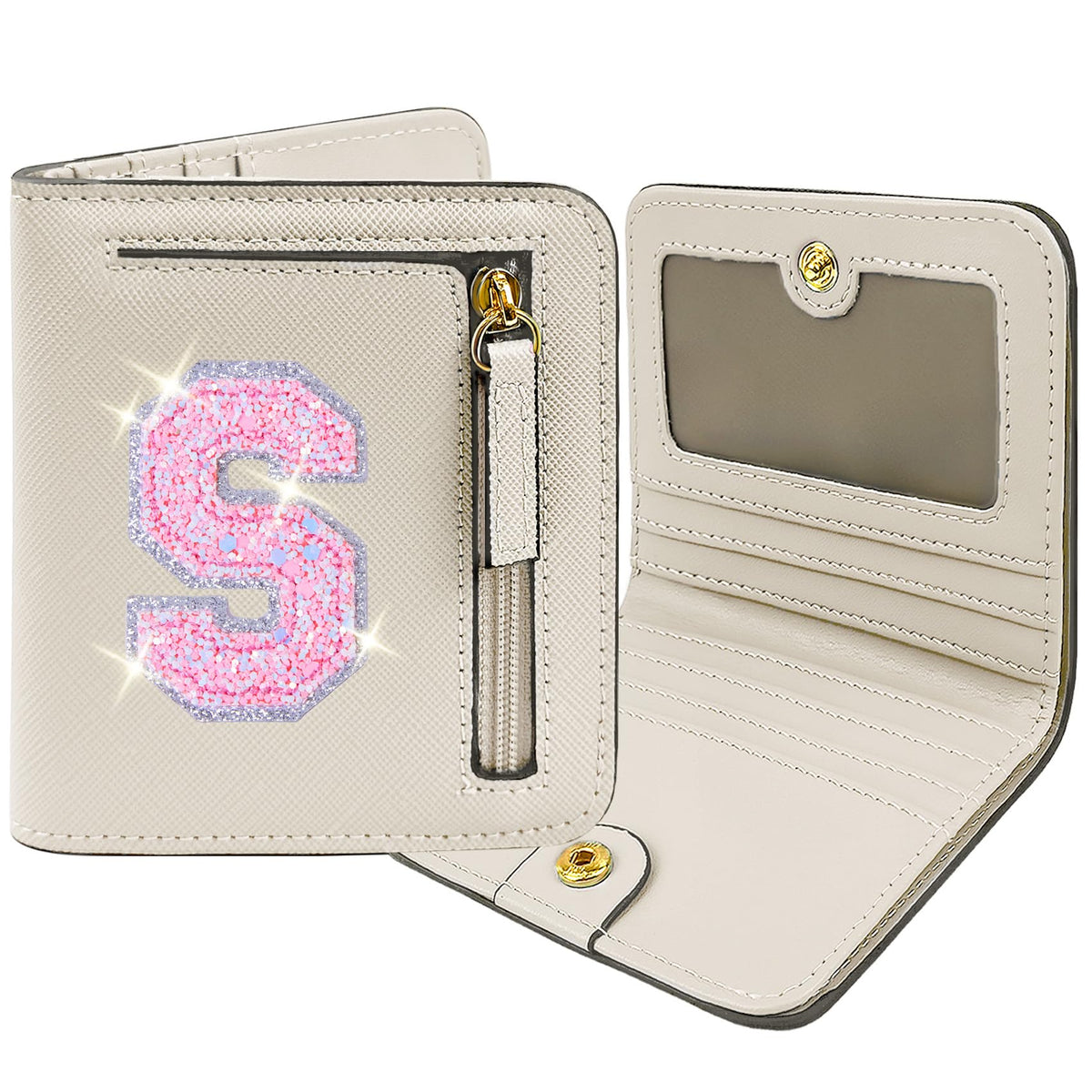 COSHAYSOO Initial Wallet RFID Small Bifold Slim Letter Wallet for Women Teenager Girls Travel Daily Necessities Credit Cards Money Cash Coin Organizer, Cream, Compact, S