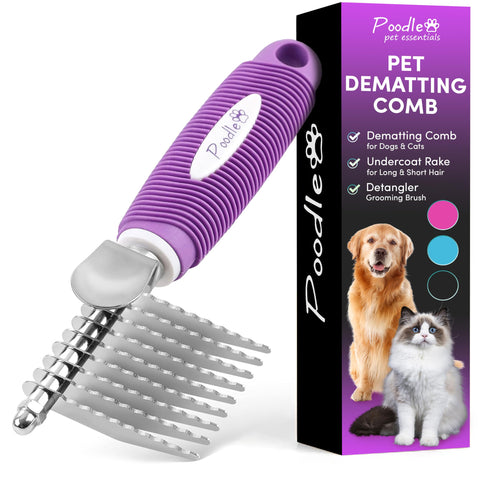Poodle Pet Dematting Fur Rake Comb Brush Tool with Long 2.5â€ Steel Safety Blades for Detangling Matted or Knotted Undercoat Hair, Safe Grooming Accessories for Dogs, Longhaired Cats, Rabbits, Horses