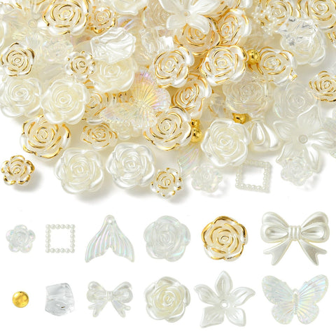 LiQunSweet 100 Pcs Vintage Baroque Style Acrylic Beads Charms Rose Flower Bowknot White Beads for Bracelet Jewelry Making Earrings Necklace Keychain Making DIY Crafting