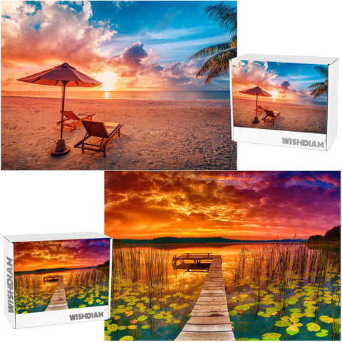 WISHDIAM 2 Pack Puzzles for Adults 1000 Pieces Hawaii Beach Sunrise and Colorful Lake at Sunset Puzzles, Nature National Parks Jigsaw Puzzles for Adults 1000 Pieces and Up