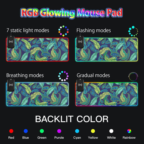 Blue Paisley Leaves Wireless Charging Mouse Pad for Mobile Phone Extra Large Gaming Mousepad with 13 Lighting Modes Mouse Mat for Office Home Gaming MacBook PC Laptop Desk