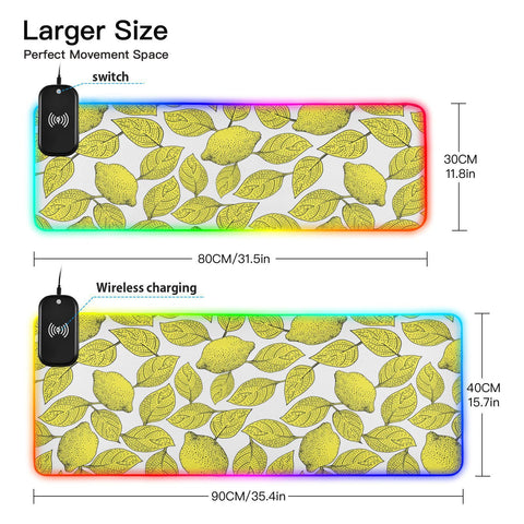 Floral Lemon Fruits Leaves Wireless Charging Mouse Pad for Mobile Phone Extra Large Gaming Mousepad with 13 Lighting Modes Computer Mat for Gaming MacBook PC Laptop Desk Office Home
