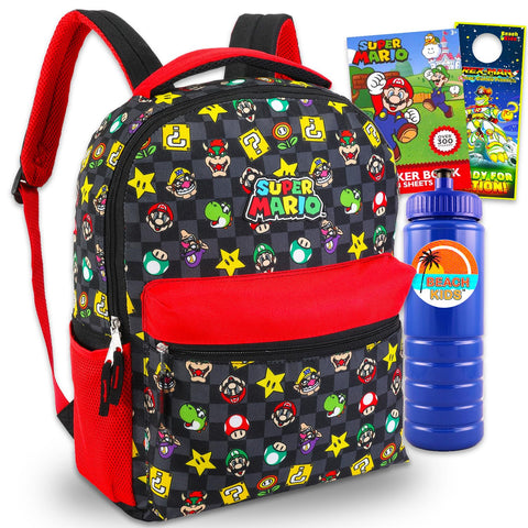 Mario Backpack for Boys 6-8 - Bundle with 16" Super Mario Backpack Plus Water Bottle, Stickers, More | Super Mario Bros Backpack for Kids
