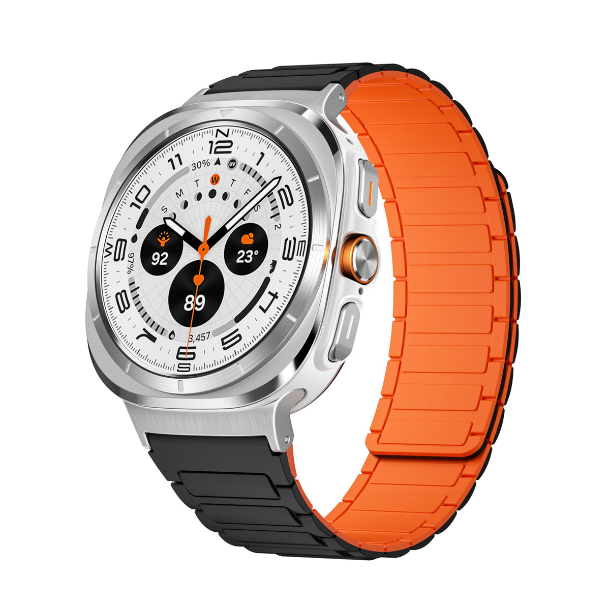 VeveXiao Rugged Magnetic Silicone Strap Compatible with Samsung Galaxy Watch 7 Ultra 47mm Band (2024),Strong Magnet link Silicone Sport Replacement Strap Men Women (Black Orange (Silver Adapter))