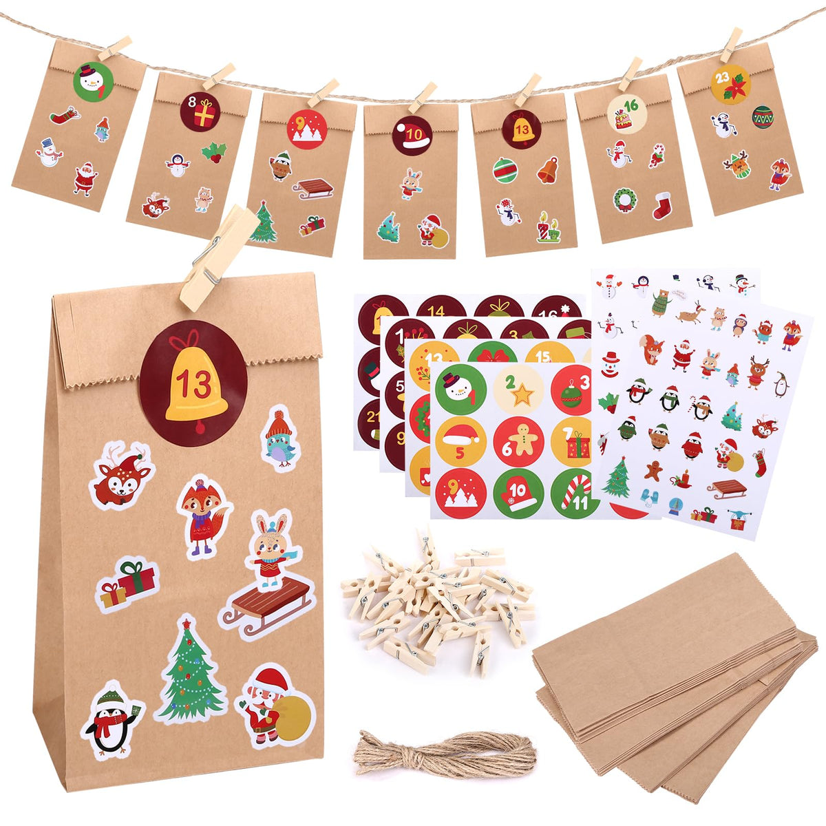 Naler DIY Advent Calendar Kit Empty Advent Calendar 2024 with 24 Paper Bags and Stickers Paper Make Your Own Advent Calendar Lovely Christmas Advent Calendar