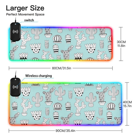 Cute Cactus Wireless Charging Mouse Pad for Mobile Phone Extra Large Gaming Mousepad with 13 Lighting Modes Extended Desk Mat for MacBook PC Laptop Desk Office Home Gaming