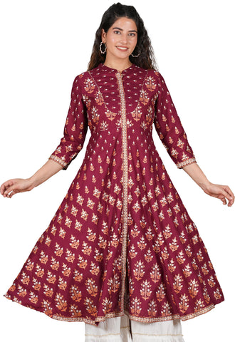 Yash Gallery Women's Rayon Floral Print Anarkali Kurta, Maroon, S