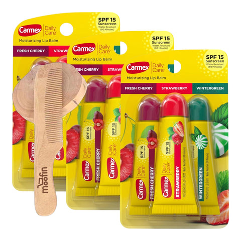 Bundle of Wooden Comb - 18cm - 17g - Pale, and Daily Care Moisturizing Lip Balm Pack, Lip Balm With Sunscreen in Fr, Pack of 3