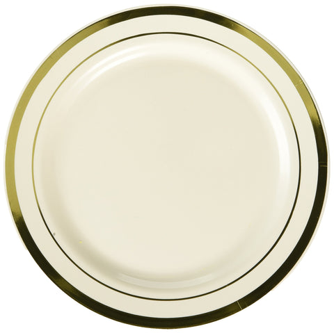 Amscan Cream Premium Plastic Round Plates With Gold Trim - 7.5" (Pack Of 120) - Elegant Disposable Dinnerware For Weddings, Parties & Events