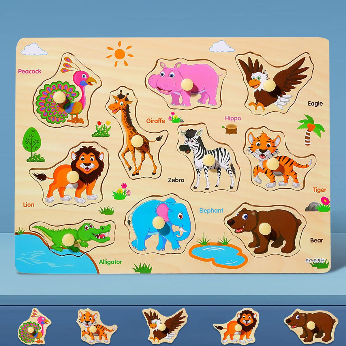 Wooden Peg Puzzles for Kids 2 3 Year Olds | Educational Toddler Jigsaws for Girls Boys Gifts (Wild Animals)