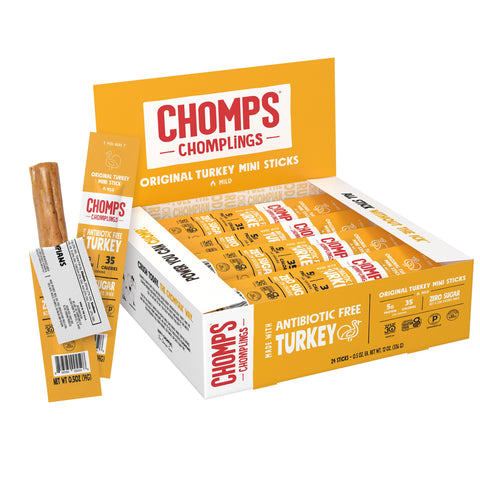CHOMPS Snack Size Original Turkey Jerky Meat Snack Sticks, ABF Turkey, Keto, Paleo, Whole30 Approved, Low Carb, High Protein, Gluten Free, Sugar Free, Nitrate Free, 35 Calories 0.5 Oz Sticks, Original Turkey 24 Pack