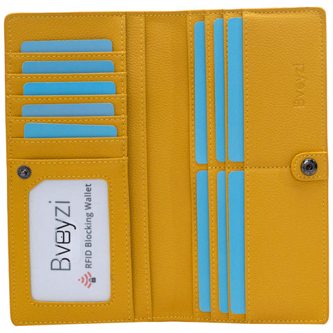 Bveyzi Ultra Slim Thin Leather RFID Blocking Credit Card Holder Bifold Clutch Wallets for Women, Yellow, S