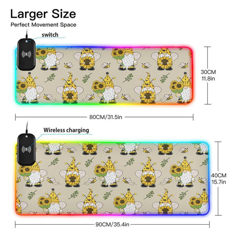 Gnomes Bees Sunflowers Wireless Charging Mouse Pad for Mobile Phone Extra Large Gaming Mousepad with 13 Lighting Modes Computer Mat for Office Home Gaming MacBook PC Laptop Desk