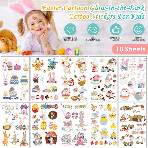 100Pcs Easter luminous temporary tattoos for kids,Glow in The Dark Easter Basket party Tattoos stickers, dwarf colored egg carrot rabbit egg facial makeup Tattoos, holiday party Supplies Favors Gifts