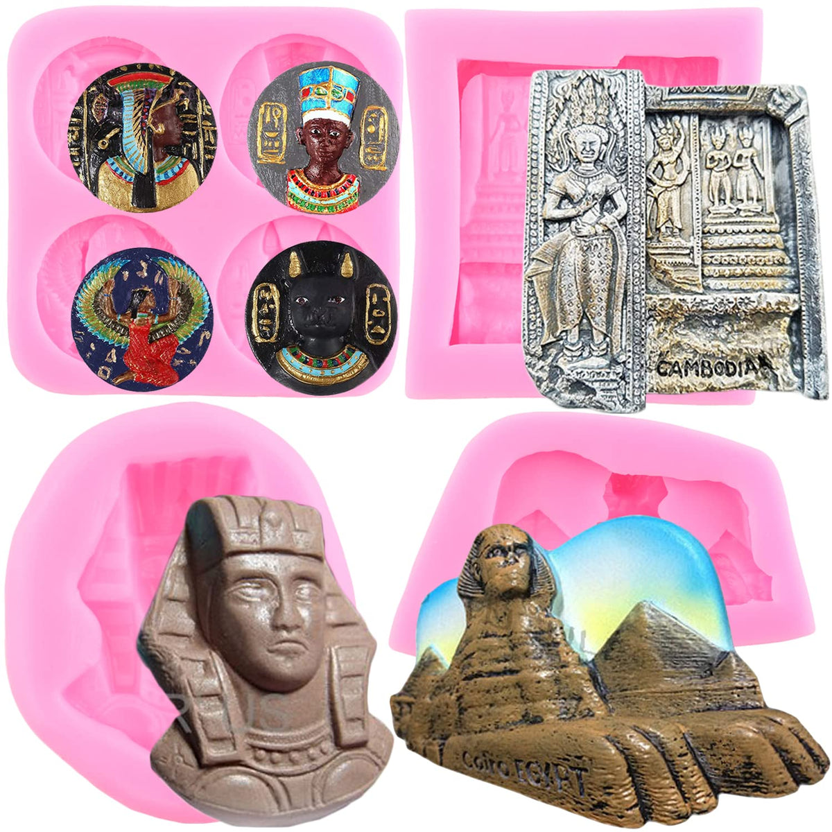 RFGHAC Antique Egypt Coins Silicone Mould Egyptian Pharaoh Fondant Moulds Mummy Sphinx Candy Mould for Cake Decorating Chocolate Candy Polymer Clay Gum Paste Set of 4