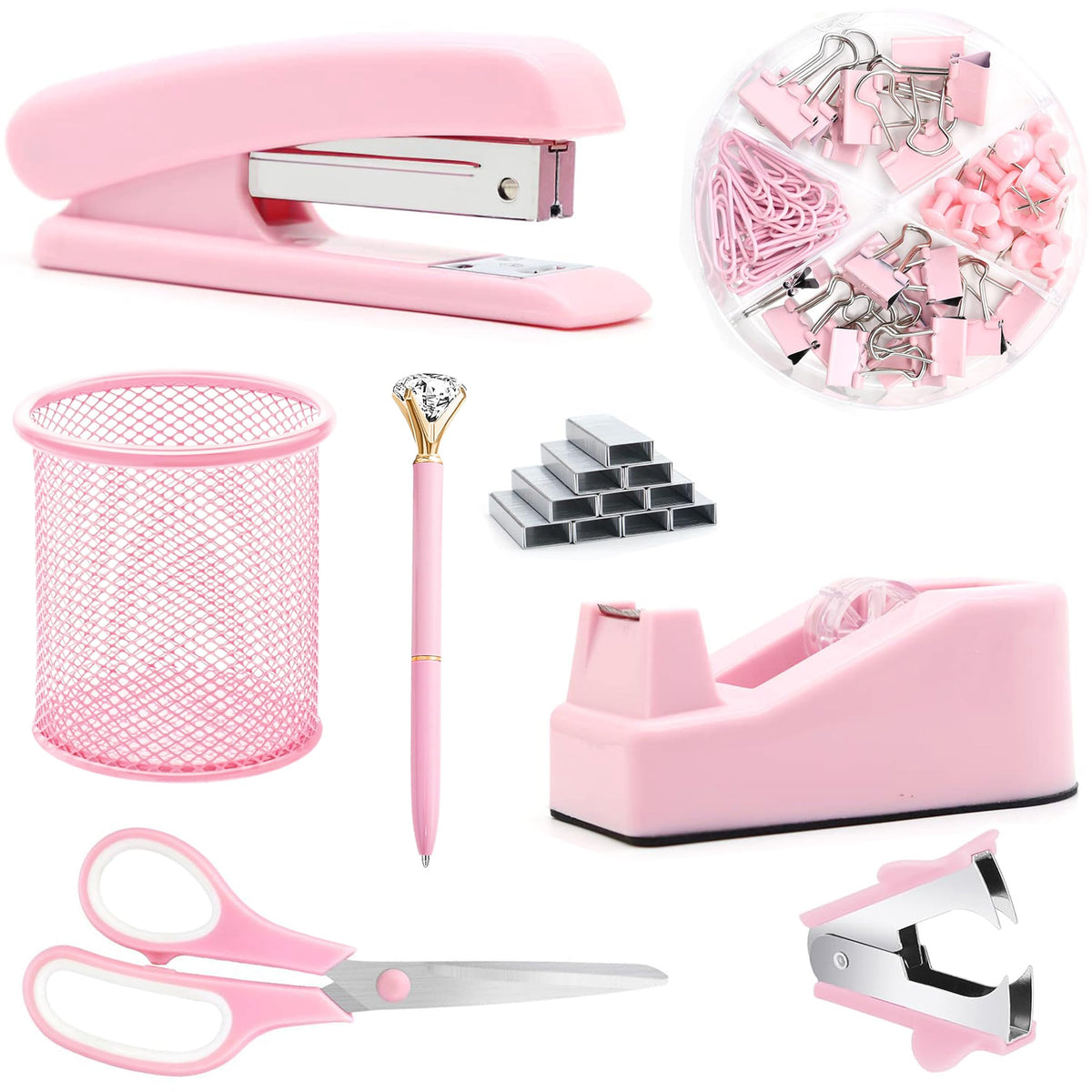 Pink Office Supplies, Pink Desk Accessories, Stapler, Staple Remover, Tape Holder, Pen Holder, Ballpoint Pen, Scissor, Binder Clips, Paper Clips and 1000pcs Staples.