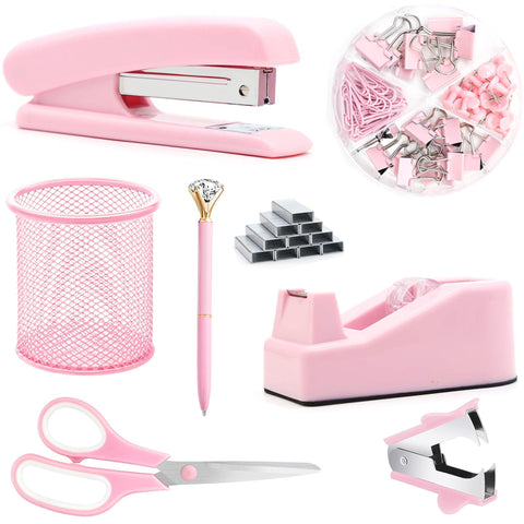 Pink Office Supplies, Pink Desk Accessories, Stapler, Staple Remover, Tape Holder, Pen Holder, Ballpoint Pen, Scissor, Binder Clips, Paper Clips and 1000pcs Staples.