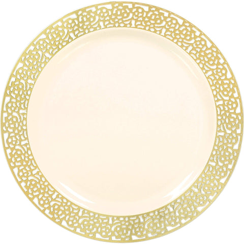 Amscan Premium Plastic Plates, Cream with Gold Lace Border, 10.25", 10 ct., Party Supply, Cream/Gold