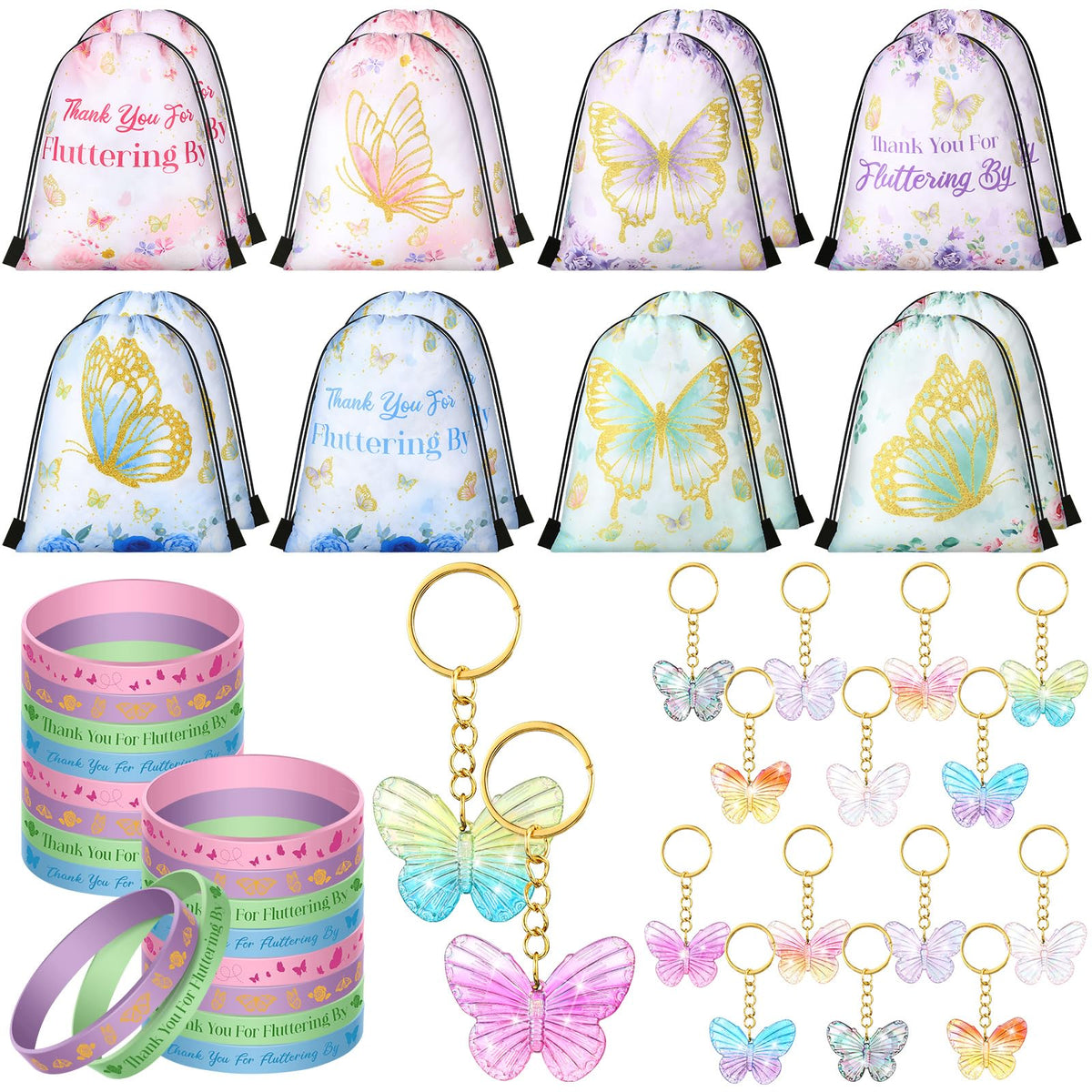 Talltalk 48 Pcs Butterfly Party Favor Set 16 Pcs Butterfly Party Drawstring Bags Goodie Bags Butterfly Candy Gift Bags 16 Butterfly Wristband 16 Butterfly Keychain for Butterfly Birthday Party Supply