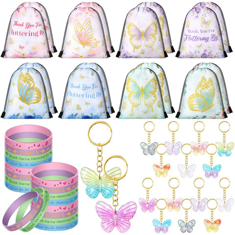 Talltalk 48 Pcs Butterfly Party Favor Set 16 Pcs Butterfly Party Drawstring Bags Goodie Bags Butterfly Candy Gift Bags 16 Butterfly Wristband 16 Butterfly Keychain for Butterfly Birthday Party Supply
