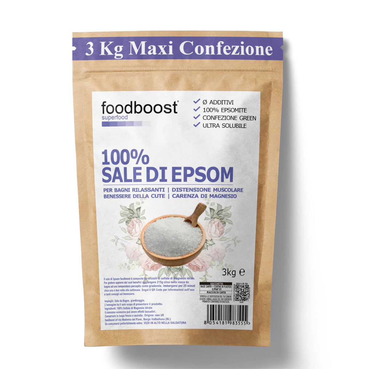 Epsom Salt 3 kg Foodboost, 100% Natural, Rich in Magnesium, Effective for Body, Skin and Hair Beauty, Great as Fertiliser
