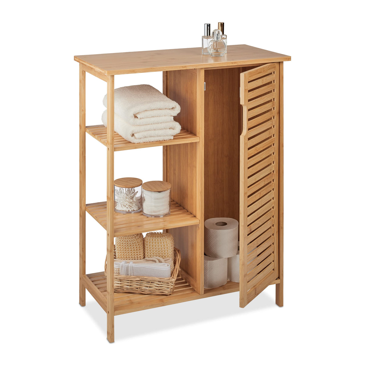 Relaxdays Bamboo Bathroom Cabinet, 3 Open Shelves & Cupboard Compartment, HxWxD: 87.5 x 67 x 33 cm, Standing Shelf, Wood, 87.5x67x33 cm
