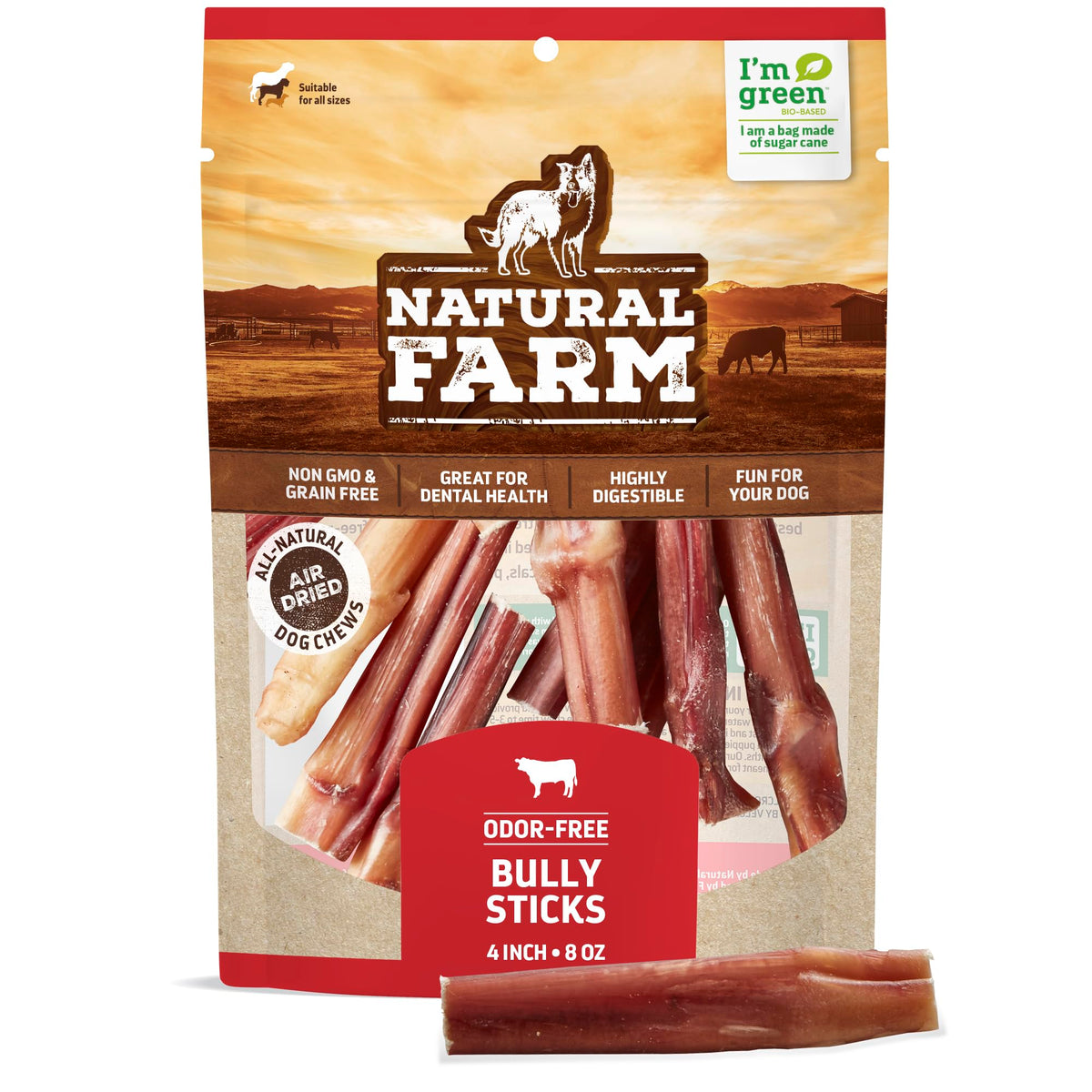 Natural Farm Odor-Free Bully Sticks (4ÃƒÆ’Ã‚Â¢ÃƒÂ¢Ã¢â‚¬Å¡Ã‚Â¬Ãƒâ€šÃ‚Â, 8oz) All-Natural Long-Lasting Chews, 100% Beef Pizzle, Grass-Fed, Grain-Free, Hormone-Free, Protein for Muscle Development & Energy, Perfect for Small Dogs