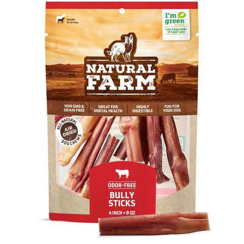 Natural Farm Odor-Free Bully Sticks (4ÃƒÆ’Ã‚Â¢ÃƒÂ¢Ã¢â‚¬Å¡Ã‚Â¬Ãƒâ€šÃ‚Â, 8oz) All-Natural Long-Lasting Chews, 100% Beef Pizzle, Grass-Fed, Grain-Free, Hormone-Free, Protein for Muscle Development & Energy, Perfect for Small Dogs