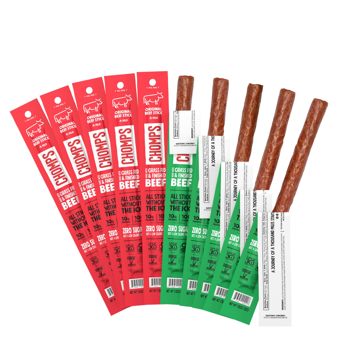 CHOMPS Grass Fed Beef Jerky Sticks, Beef Variety Pack, 10 Sticks: (5) Original Beef, (5) Jalapeno BeefÃƒÆ’Ã†â€™Ãƒâ€šÃ‚Â¢ÃƒÆ’Ã‚Â¢ÃƒÂ¢Ã¢â€šÂ¬Ã…Â¡Ãƒâ€šÃ‚Â¬ÃƒÆ’Ã¢â‚¬Å¡Ãƒâ€šÃ‚Â¦