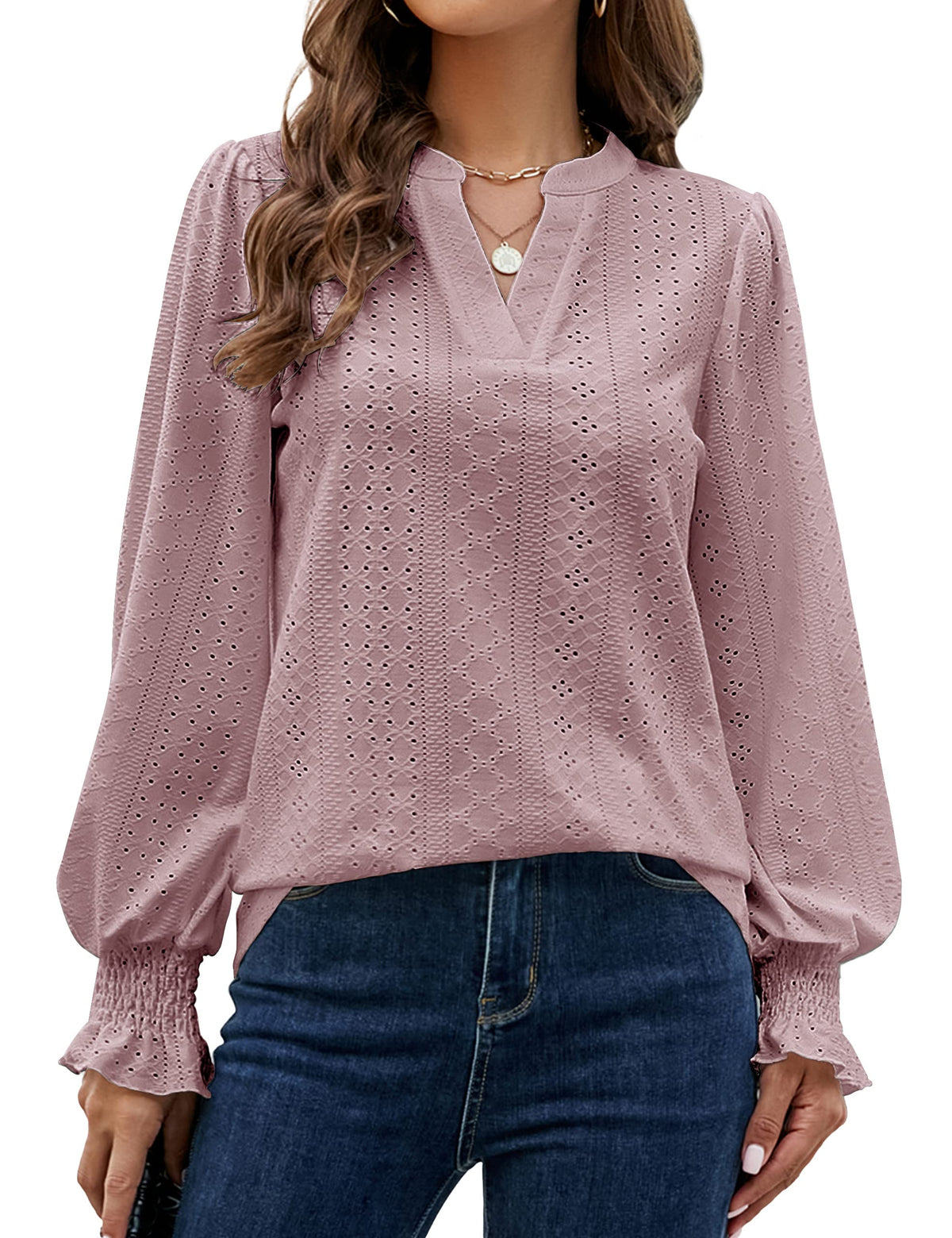 BMJL Women's Work Shirts Fall Long Sleeve Eyelet Blouses V Neck Business Casual Tops (Pink, L)