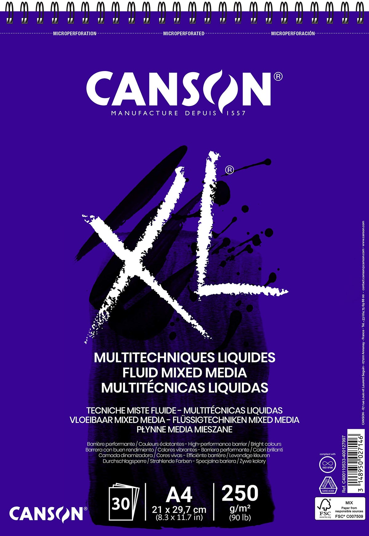 CANSON XLÂ® Fluid Mixed Media Pad for Liquid Mixing Techniques, DIN A4, 30 Sheets, 250 g/m2