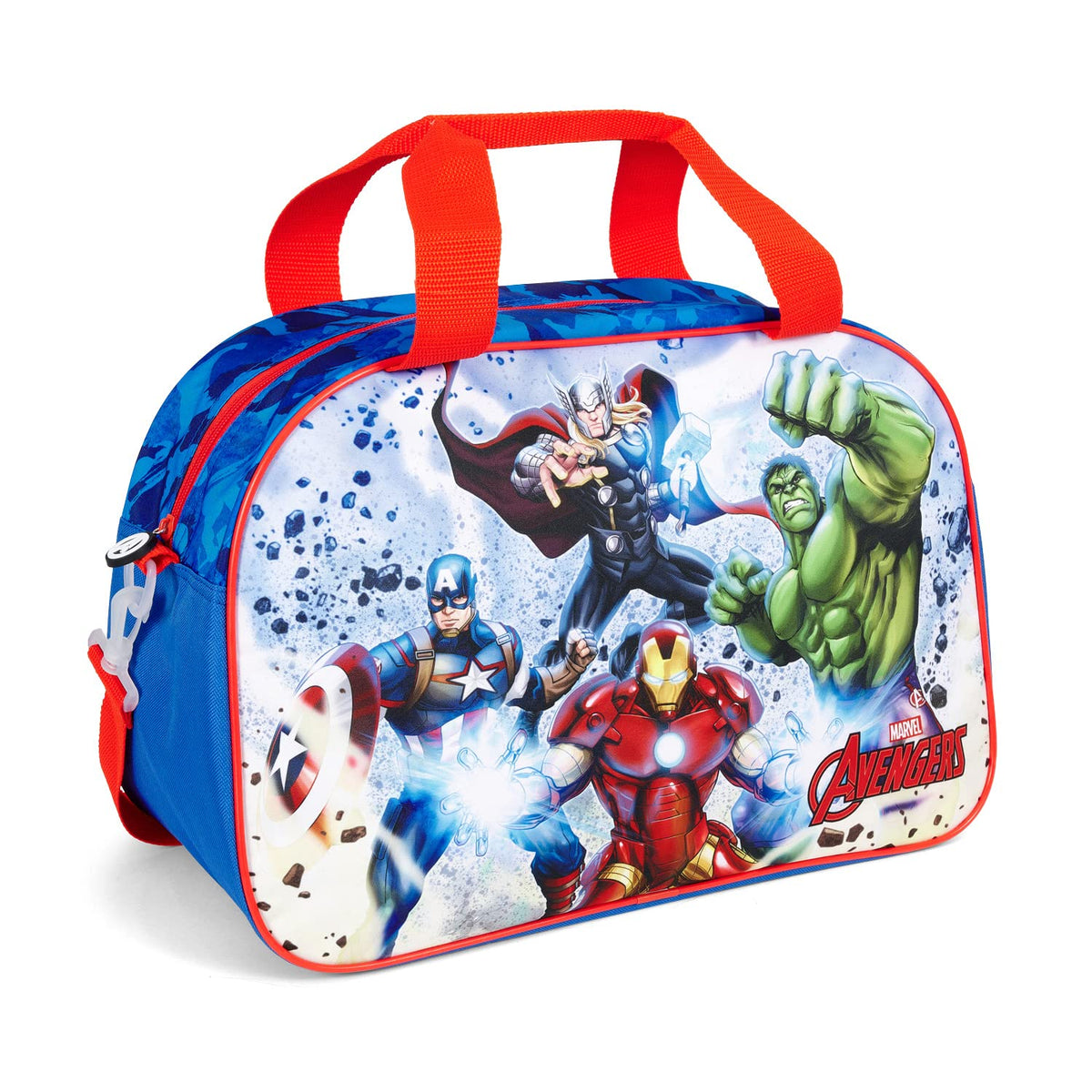 PERLETTI Marvel Avengers Duffle Bag for Boys Gym Travel Pool Leisure - Kids Gym Bag with Superheroes Blue and Red - Sports Bag Holdall for Little Boy with Adjustable Shoulder Strap - 28x41,5x21cm