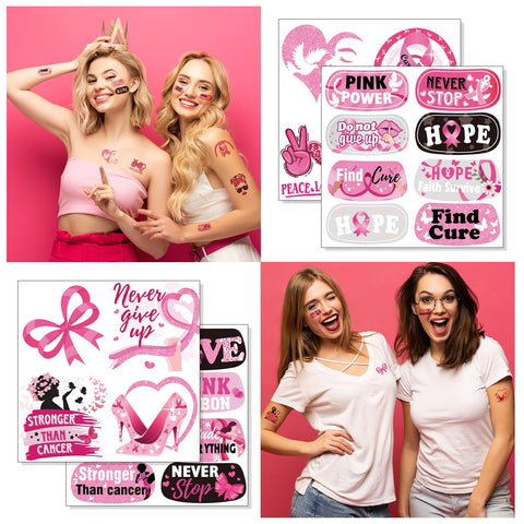 HOWAF 96 Pieces Breast Cancer Awareness Tattoos Face Tattoos Pink Ribbon Waterproof Temporary Tattoos Stickers for Girls Hope Fight Breast Cancer Party Fundraising Event Face Body Tattoo Accessories