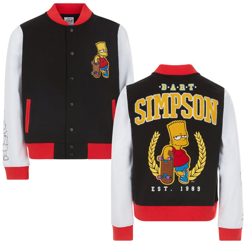 The Simpsons Boys' Bart French Terry Button Up Varsity Bomber Jacket Little Big Kid, Black/White/Red