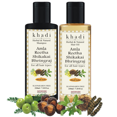 Satvayush Khadi Khadi Amla Reetha Shikakai Bhringraj Shampoo & Hair Oil Paraben and Mineral Oil Free(Pack of 2)- 210 ml Each