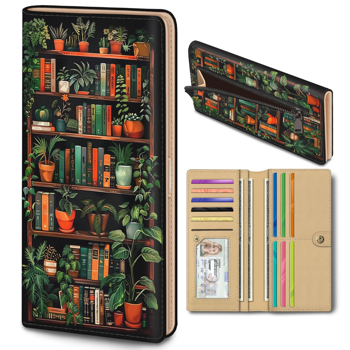 Immaturus Womens Wallet, Black Bookshelf Slim Thin RFID Blocking Credit Card Wallets, Long Bifold PU Leather Card Holder Organizer, Cute Cash Clutch Billfold with Zipper Coin Pocket Ladies Girls Gift
