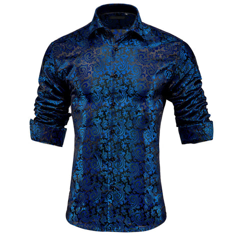 Dubulle Mens Long Sleeve Dress Shirt Floral Paisley Casual Button Down Shirts for Men Wedding Suit,Navy Blue,Large