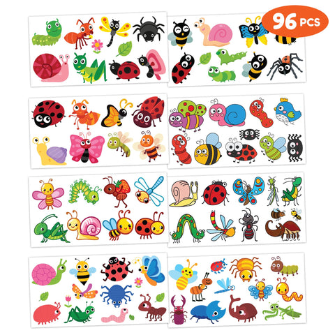 Bug Temporary Tattoos Birthday Party Supplies Decorations 96PCS Tattoos Stickers Insect, Ladybug, Ant, Snail, Butterfly Cute Party Favors Kids Boys Girls Gifts Ideas Classroom School Prizes Themed