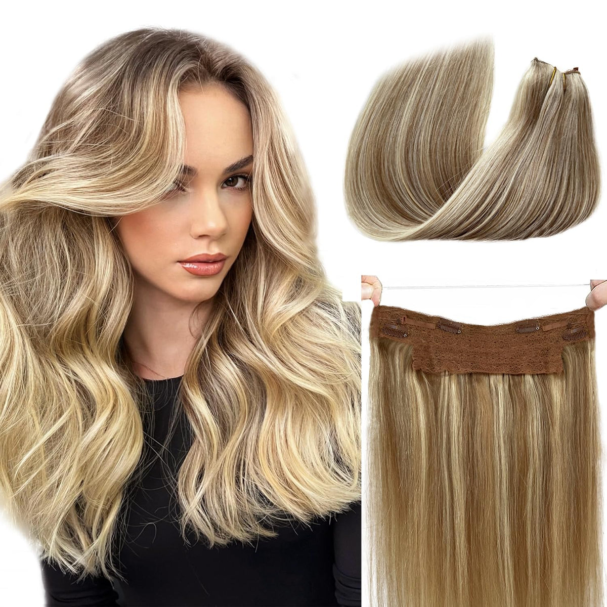 Wire Human Hair Extensions Blonde Ombre Highlights Hair Extensions Golden Blonde with Medium Blonde Wire Invisible Silk Straight Thick Hair Extensions 70g 14 Inch