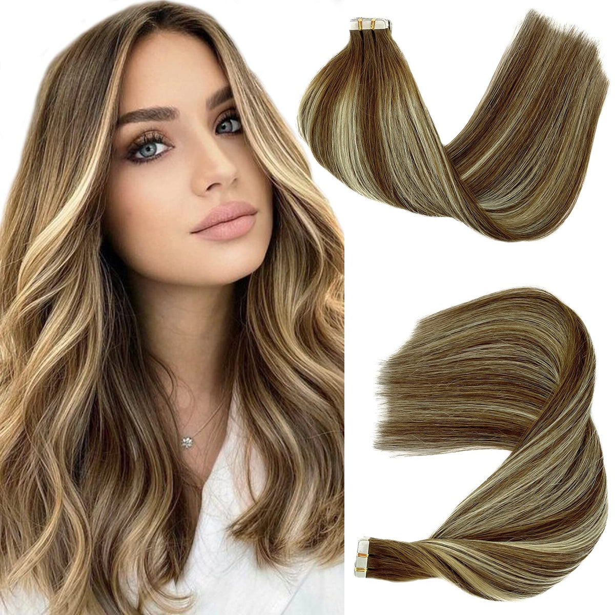Human Hair Tape in Extensions 24 Inch Tape in Hair Extensions Human Hair Balayage Brown to Blonde Invisible Tape in Tracks Hair Extensions PU Weft Tape ins Extensions Human Hair Double Sided 20PCS/50G